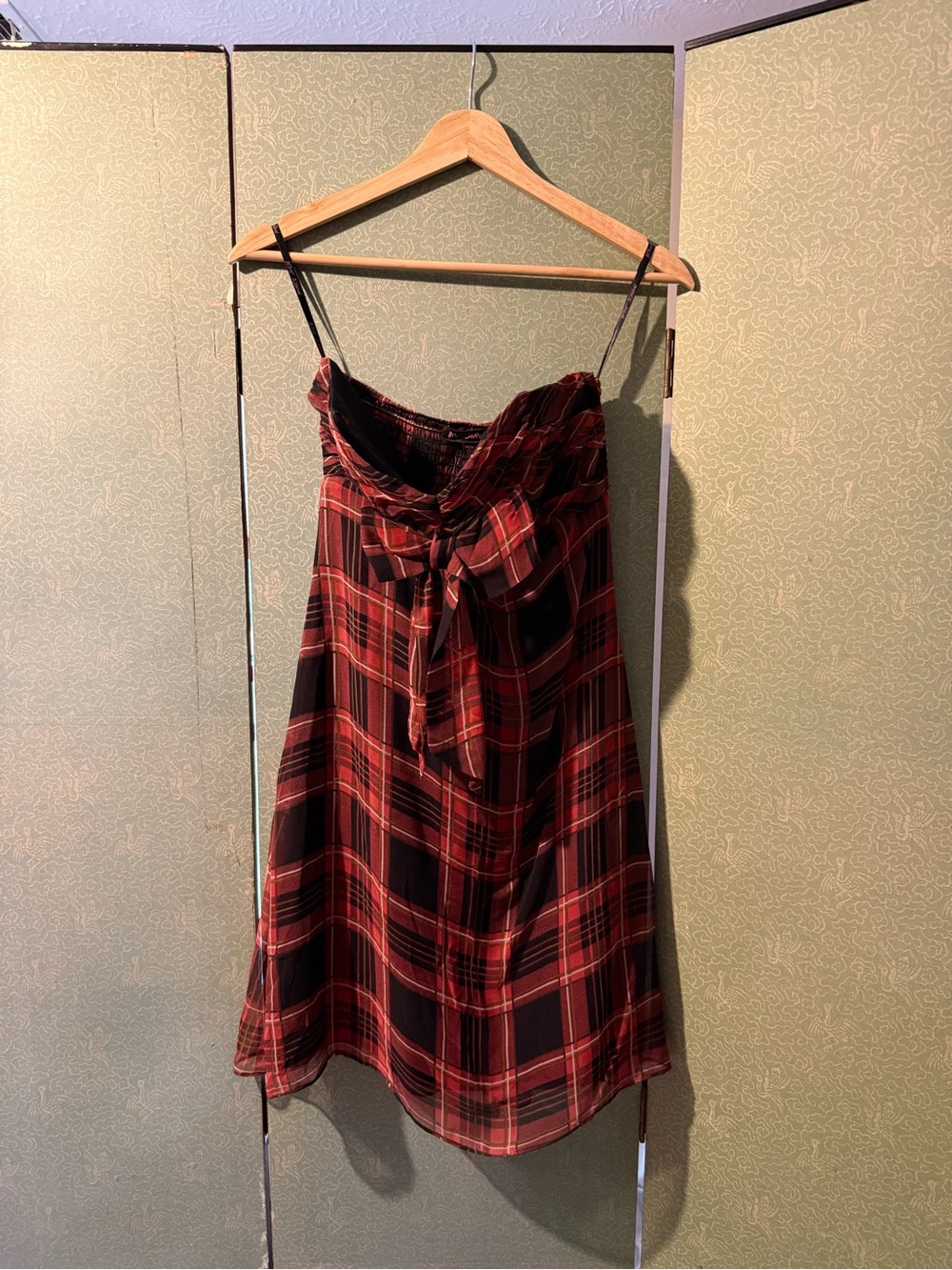 2000s Betsey Johnson Red and Black Plaid Lined Silk Chiffon Mini Dress - size 4
